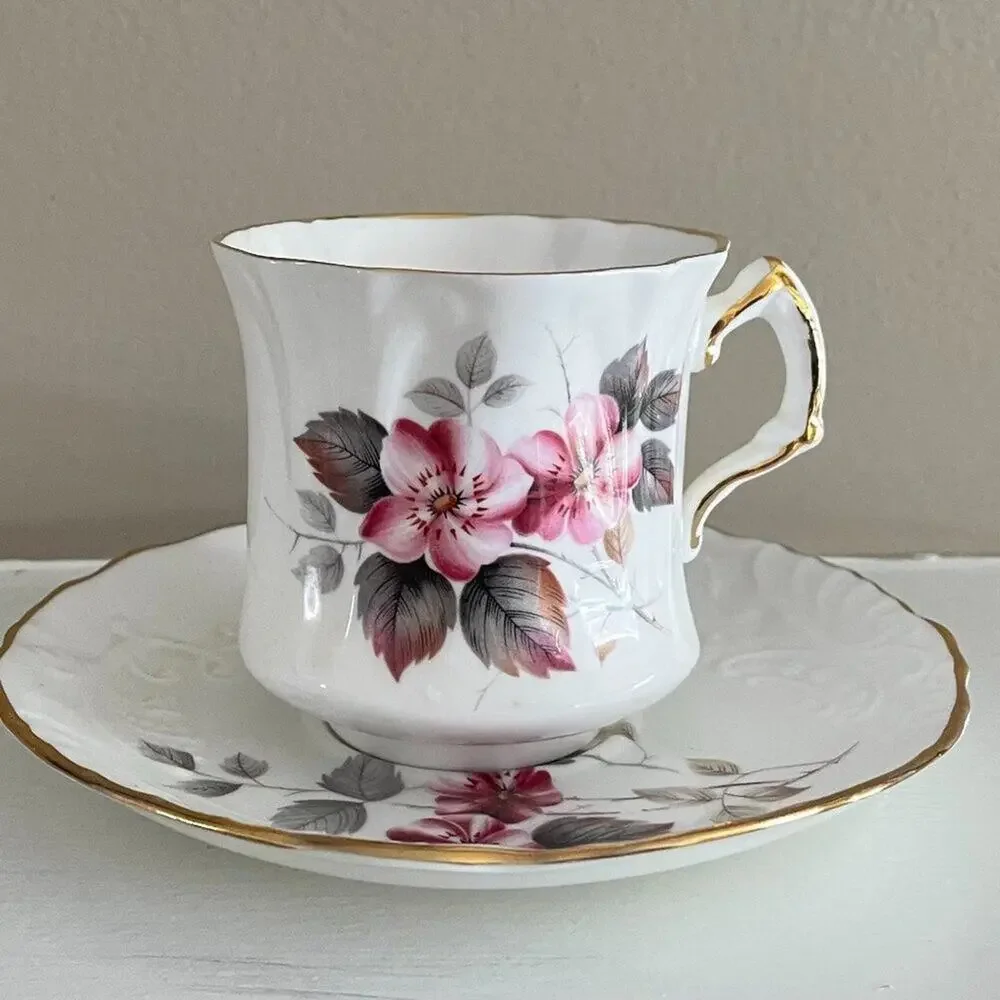 VTG Hammersley, Spode, Fine Bone China Teacup & Saucer, Floral, Pink, Gray
